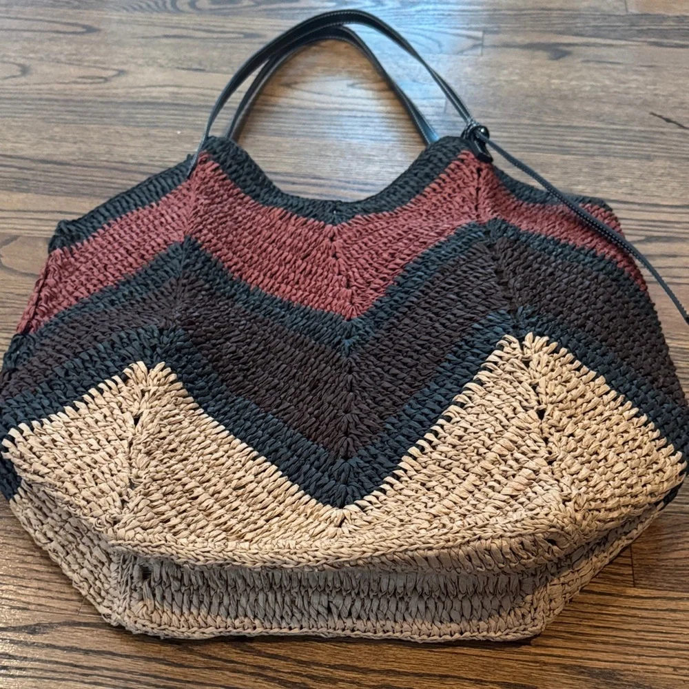 Zara Chevron Woven Tote in Black, Brown, Rust & Tan - Picture 4 of 4
